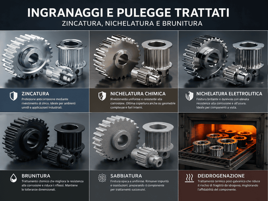 Trattamenti superficiali acciaio per ingranaggi e pulegge: zincatura, nichelatura, brunitura, sabbiatura e deidrogenazione