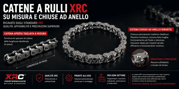Catene a rulli XRC su misura con spezzone aperto tagliato a misura e catena chiusa ad anello ribadita