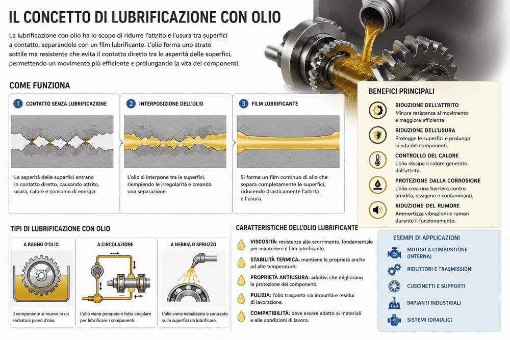 Schema tecnico che spiega il concetto di lubrificazione con olio nei riduttori industriali, con formazione del film lubrificante, riduzione attrito e dissipazione del calore.