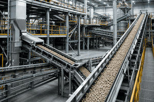 Impianto industriale continuo con sistemi automatici di trasporto materiale