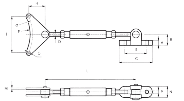 Disegno tecnico di tenditore meccanico per riduttore pendolare CHA con quote dimensionali e sistema di tensionamento.