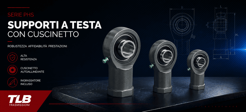Supporti a testa con cuscinetto autoallineante su sfondo tecnico industriale TLB Trasmissioni